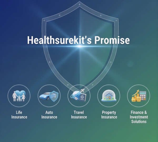 Healthsurekits's Promise displayed featuring icon and text for five services life insurance,Auto insurance,Travel insurance,Property insurance,and Finance & investment.